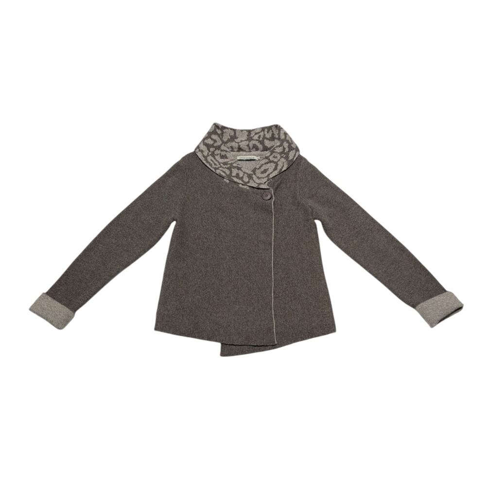 Chiaramente Italian Wool Asymmetrical Cardigan Sweater Brown Leopard Print Top